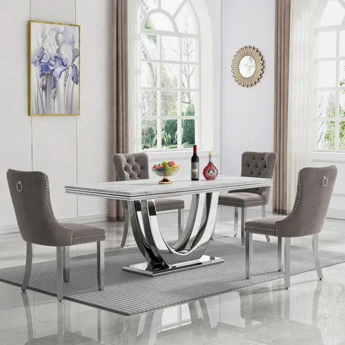 Miniatura 52 de Juego de mesa de comedor de mármol sintético, 7 piezas, juego de mesa de cocina y comedor para 6, mesa de comedor rectangular blanca de 70 pulgadas