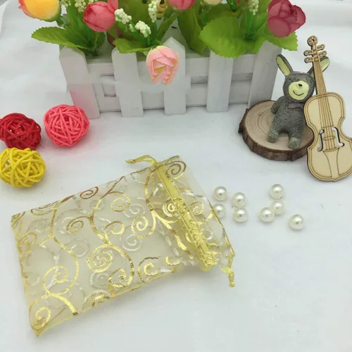 Miniatura 5 de 100 bolsas de regalo de 5 x 7 pulgadas, ratán dorado, tela de tul transparente de organza, bolsas de malla con cordón para regalos de baby shower