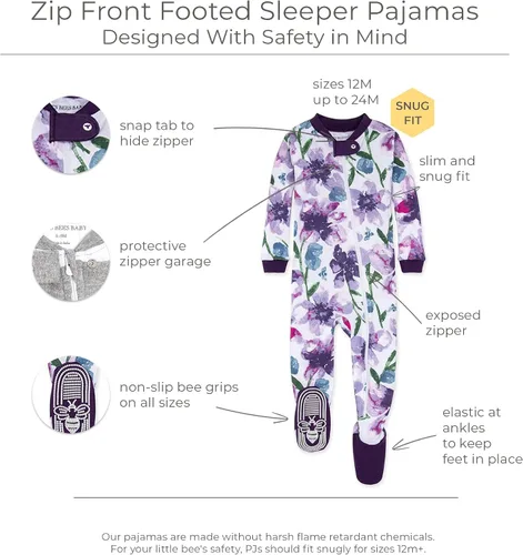 Miniatura 98 de Burt's Bees Baby Pijama para bebé niña, 100% algodón orgánico, pijama de una pieza, overol diagonal con cremallera, ajuste cómodo