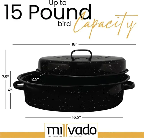 Miniatura 2 de Millvado Bandeja para Asar con Tapa, Bandeja para Asar Pavo, Capacidad Extra Grande de 15 libras, Asador de Horno de Granito de 18" Forma Ovalada