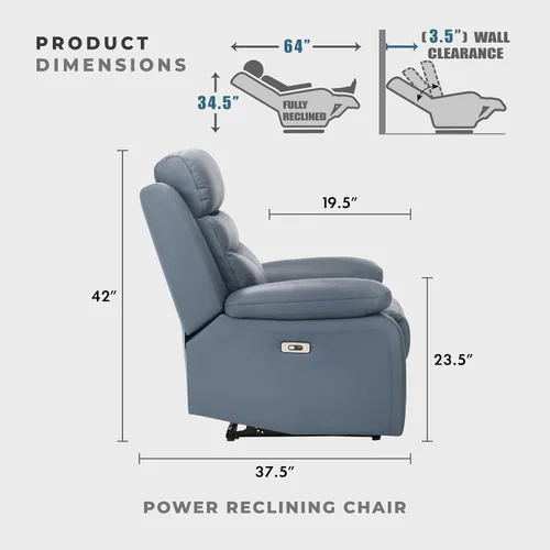 Miniatura 2 de Lexicon Silla Reclinable para Sala de Estar de Combinación de Cuero, Asientos para Cine en Casa, Sillón Reclinable Pegado a la Pared, Sillón Azul