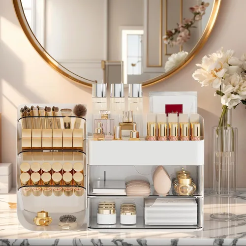 Miniatura 4 de Organizador de Maquillaje con 2 Cajones M y Portacepillos - Estuche de Almacenamiento de Cosméticos para Tocador, Encimera de Baño y Escritorio