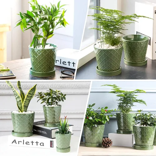 Miniatura 5 de Macetas de cerámica EFISPSS, macetas de 5 pulgadas con agujeros de drenaje y bandeja de cerámica, diseño en relieve para plantas de flores, set