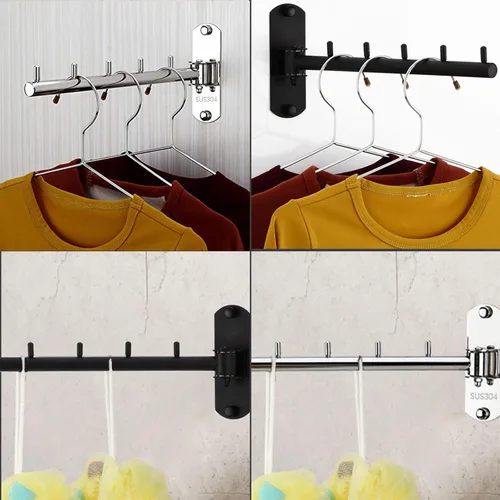 Miniatura 5 de Paquete de 2 percheros plegables de pared con brazo oscilante de acero inoxidable resistente para baño, dormitorio, cuarto de servicio, color negro