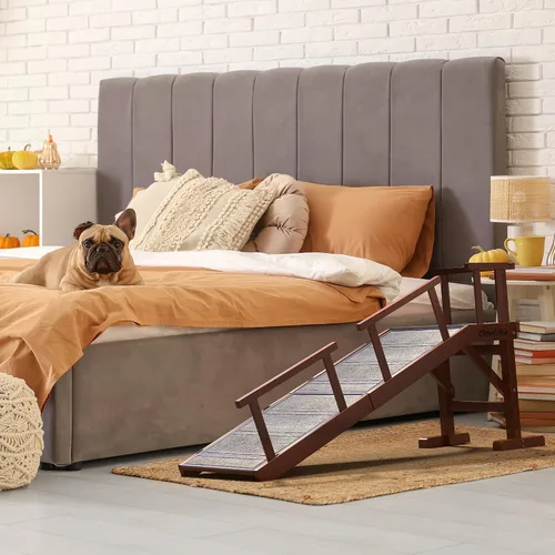 Miniatura 2 de Onelike Rampa de madera para perros con riel lateral extraíble y alfombra antideslizante, escalera estable para mascotas para sofá para perros