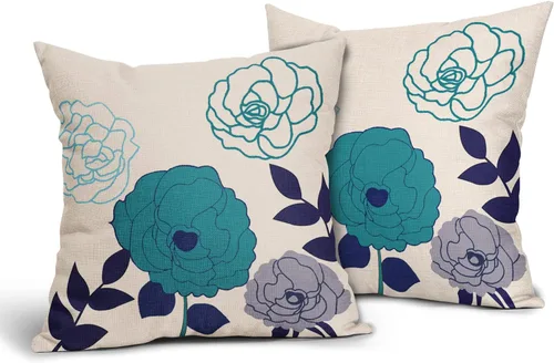 Miniatura 35 de Sweetshow Juego de 2 fundas de almohada florales de color azul marino de 16 x 16 pulgadas, fundas de almohada cuadradas de lino con estampado