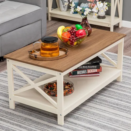 Miniatura 7 de MFSTUDIO Mesa auxiliar de granja con estante de almacenamiento abierto, mesa central de madera de 2 niveles para sala de estar, mesa de cóctel