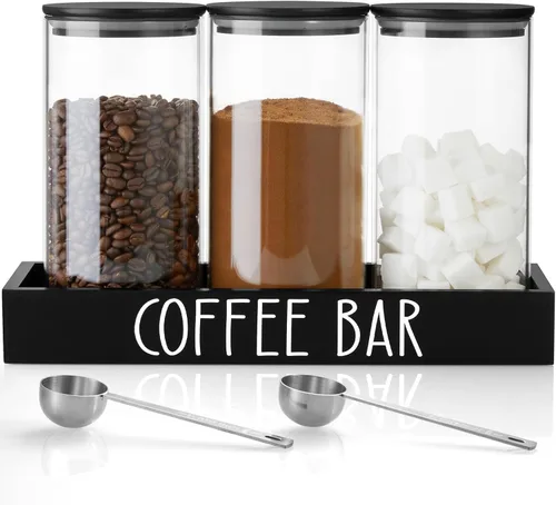 Miniatura 9 de Recipiente de Vidrio para Café Molido - Juego de 2 Piezas de 45oz de Recipientes para Café y Azúcar con Tapas Herméticas de Bambú y Bandeja Negra