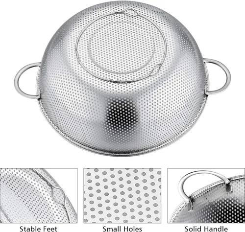 Miniatura 3 de P&P CHEF Colador de 3 coladores microperforados de acero inoxidable para drenar y enjuagar, ideal para pasta, verduras, frutas, resistente y apto