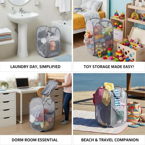 Miniatura 5 de Kimmama Cesta de lavandería plegable grande de malla, plegable con bolsillo lateral, contenedor de almacenamiento de ropa extraíble con asa