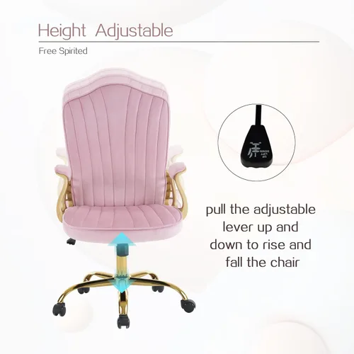 Miniatura 6 de Silla de oficina en casa de terciopelo con brazos y patas dorados, cómoda silla de escritorio giratoria tapizada y capitonada, cómoda con ruedas Rosa