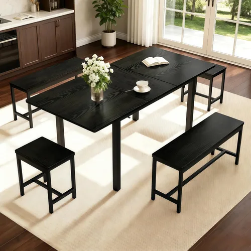 Miniatura 9 de GarveeHome juego de mesa de comedor de 5 piezas para 4-8 personas, mesa de cocina grande extensible de 63 pulgadas con 2 bancos y 2 taburetes Marrón