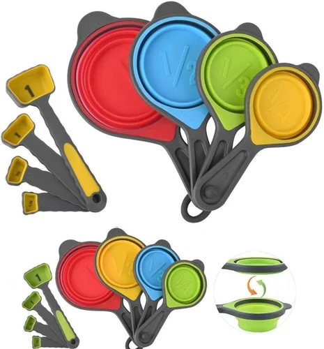 Juego de tazas y cucharas medidoras plegables, 16 tazas y cucharas medidoras de silicona portátiles para medición de líquidos y secos, juego de