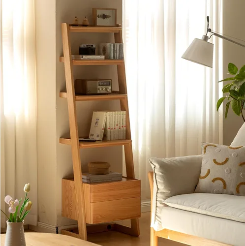 Miniatura 16 de Estante de Escalera 100% Roble Macizo con Gabinete, Mesita de Noche de 32.67" de Alto con Marco Estable para Dormitorio, Pequeña Estantería