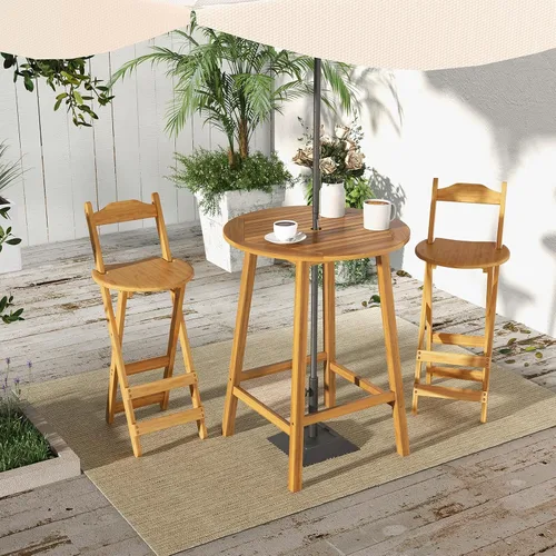 Miniatura 4 de Tangkula Mesa de bar de madera de acacia de 31.5 pulgadas, mesa redonda de bistró con agujero para paraguas, mesa de comedor al aire libre