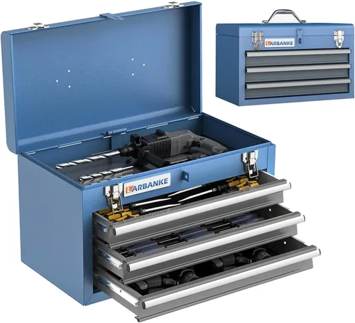 Miniatura 9 de LARBANKE Caja de herramientas de metal, caja de herramientas de 3 cajones con bandeja de almacenamiento superior, caja de herramientas portátil