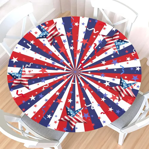 Miniatura 73 de Mantel redondo ajustable para el 4 de julio con borde elástico, impermeable, lavable, azul, rojo, blanco, estrella, patriótica, independencia, Día
