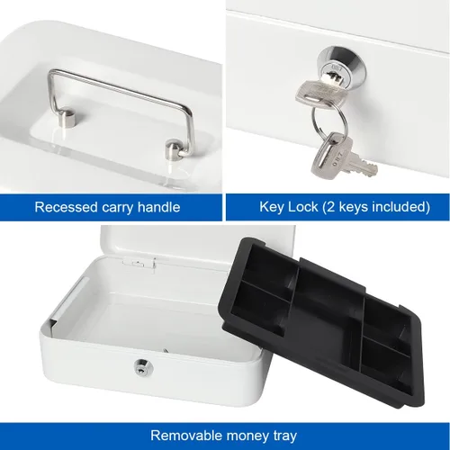Miniatura 2 de Caja de dinero con bandeja de dinero y cerradura, caja de dinero de metal para efectivo, caja de seguridad 9.84 x 7.87 x 3.54 pulgadas, color blanco