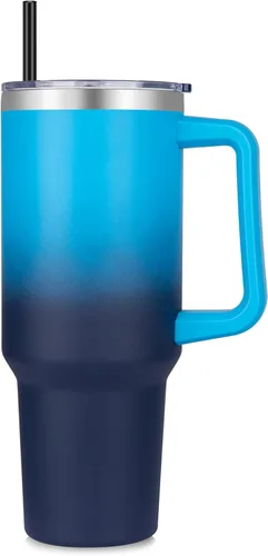 Miniatura 13 de DOMICARE Vaso de 40 oz con asa y pajita, vaso de acero inoxidable con tapa y pajita, reutilizable, aislado al vacío, taza para café de viaje