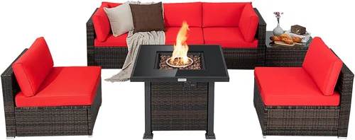 Miniatura 10 de Tangkula Juego de muebles de patio de 7 piezas con mesa para fogata, 50,000 BTU 32 pulgadas de propano con cubierta impermeable, juego de mimbre
