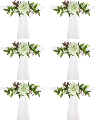 Juego de 6 decoraciones para sillas de pasillo de boda, flores artificiales con cintas, sillas, respaldo de banco, arreglo floral para decoración de