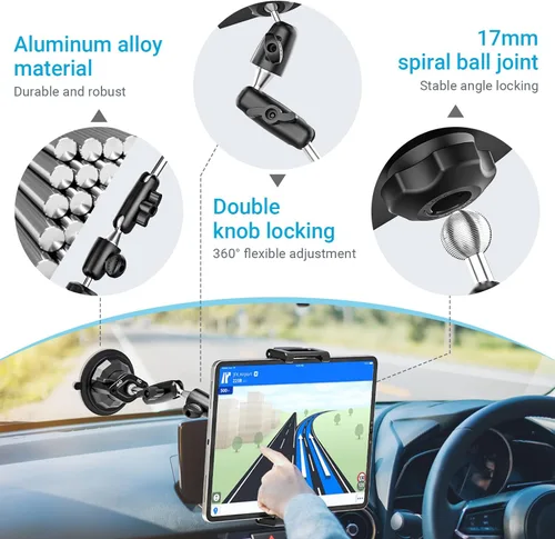 Miniatura 4 de Soporte para tablet de automóvil, tablero de instrumentos y parabrisas con ventosa fuerte y brazo de metal ajustable, soporte