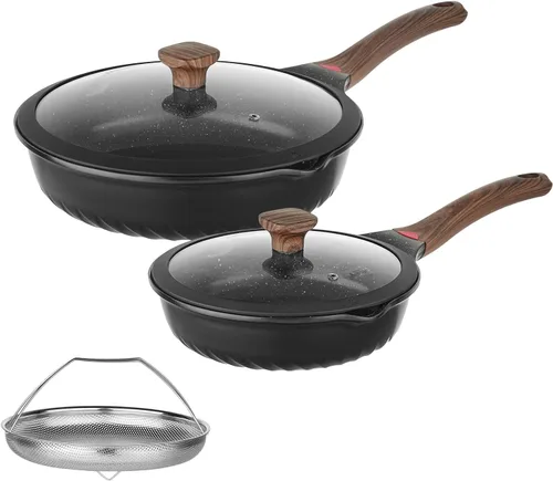 Juego de sartenes antiadherentes Vinchef, sartén de cerámica de 10" y 12" con tapa, sartén de freír profunda y sartén para saltear, libre de PFAS