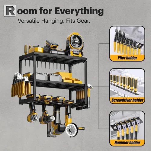 Miniatura 5 de Organizador de Herramientas Eléctricas de Servicio Pesado para Montaje en Pared, Estante de Metal de 3 Capas con 4 Soportes para Taladro