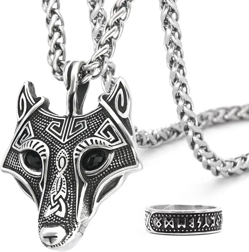 BAVIPOWER Viking Fenrir - Collar con colgante de amuleto de cabeza de lobo para hombres y mujeres, collar escandinavo nórdico de acero inoxidable
