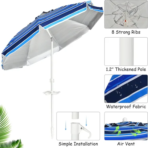 Miniatura 7 de Tangkula Sombrilla de playa portátil de 7.2 pies, sombrilla portátil para exteriores con anclaje de arena, inclinación ajustable, poste de acero