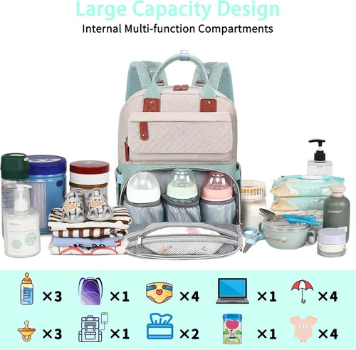 Miniatura 4 de Legestori Mochila para pañales, bolsa de pañales para bebé niña con bolsillos aislados y correas para cochecito, Verde, Grande, Casual