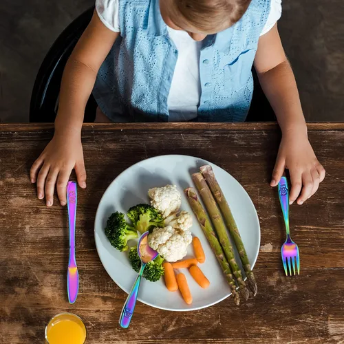 Miniatura 5 de Cubiertos de acero inoxidable para niños, 9 piezas, cubiertos seguros para niños y niños, cubiertos para niños, juego de utensilios para niños