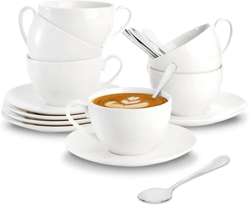 Foraineam Tazas de café expreso con platillos y cucharas, juego de tazas de té blanco de 6 onzas, juego de taza de café de porcelana y platillo con