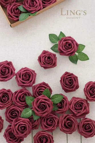 Miniatura 2 de Ling's moment Flores artificiales, 50 piezas de rosas burdeos decorativas con tallos, 3 pulgadas de tacto real, espuma floral DIY para ramo de Rd