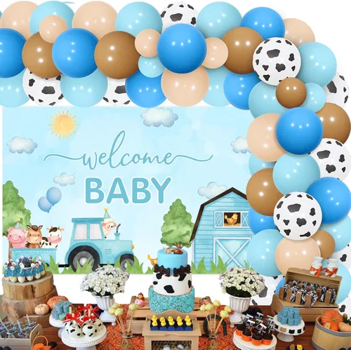 Decoraciones de baby shower de animales de granja azules – Kit de arco de guirnalda de globos de animales de granja con fondo de bienvenida para