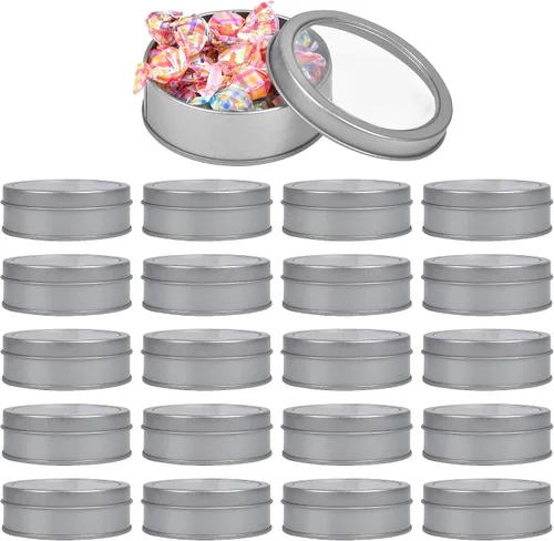 Paquete de 20 latas de metal de 3.5 onzas, latas redondas vacías con parte superior transparente, latas de almacenamiento para cocina, oficina,