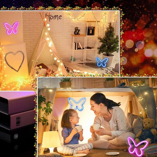 Miniatura 7 de Riakrum 2 piezas de letreros de neón de mariposa, luz LED de 3 pilas AAA, alimentado por USB, letrero de neón de pared, decoración de mariposas