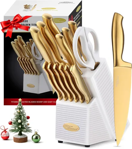 Marco Almond® MA21 - Juego de cuchillos de acero inoxidable con revestimiento de titanio, 14 piezas de acero inoxidable, juego de cuchillos de Hoja