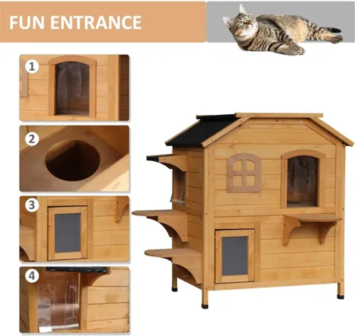 Miniatura 2 de 2-Story Cat House with Multiple Entrances - Outdoor & Indoor Wooden Cat Condo with Asphalt Roof, Waterproof Paint, Jump Ledges & Easy-Clean Opening