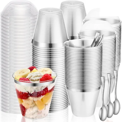 Miniatura 8 de Jinei 50 juegos de tazas de postre de plástico de 9 onzas con tapas de cúpula, cucharas de plástico transparente con borde dorado, vasos de frutas