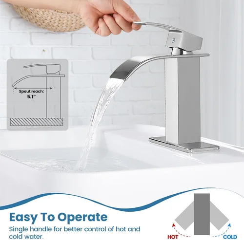 Miniatura 2 de Airuida Grifo de Baño con Acabado Cromado Pulido Boquilla de Cascada Mango Único Agujero Único Grifo de Lavabo de Baño 1 o 3 Agujeros Grifo de cromo
