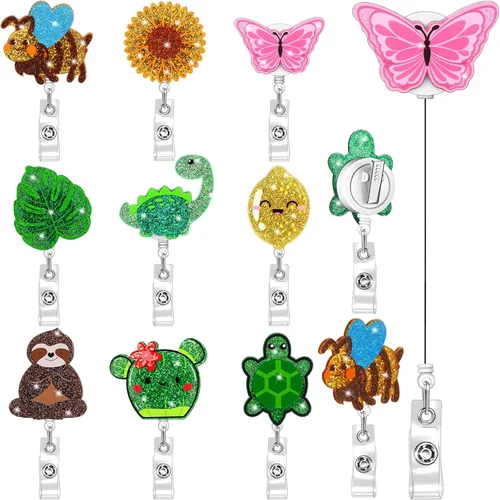 Miniatura 14 de 9 piezas de portarretes de insignia de Halloween con purpurina divertida para Halloween, fantasma, calabaza, insignias, retráctiles, lindos carretes