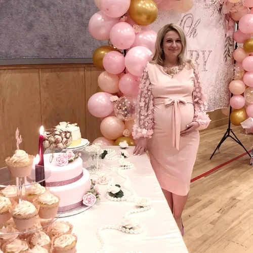 Miniatura 2 de Vestido midi de maternidad de manga larga con malla floral, vestido ajustado de maternidad para baby shower, sesión de fotos