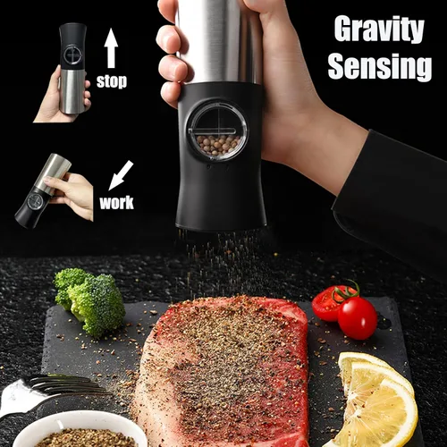 Miniatura 3 de Gravity - Juego de molinillo eléctrico de sal y pimienta con pilas, juego automático de molinillo de sal y pimienta con cubierta a prueba de polvo