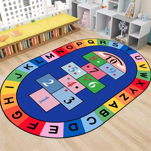 Miniatura 17 de Tapete de aprendizaje educativo para niños, 3 x 4 pies, tapete decorativo con diseño de planeta y alfabeto ABC, ovalado, grande, antideslizante