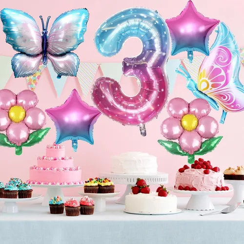 Miniatura 6 de Sowide Globo de mariposa para decoraciones de tercer cumpleaños, globos de mariposa, globos de mariposa rosa degradada, globo de Mylar