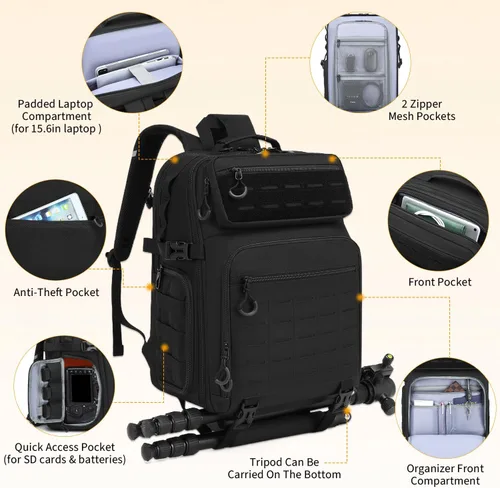 Miniatura 3 de HAMBOLY Mochila profesional para cámara, gran bolsa impermeable para fotografía DSLR/SLR/cámara sin espejo con soporte para trípode/compartimento