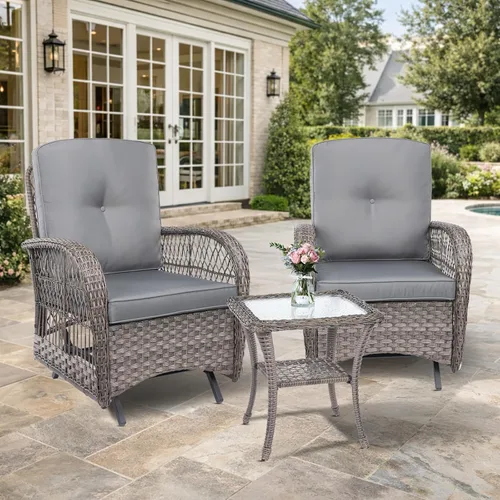Miniatura 45 de VIVIJASON Silla mecedora de mimbre para exteriores, 2 piezas, sillas mecedoras de ratán para patio con cojines y marco de acero, muebles de mimbre