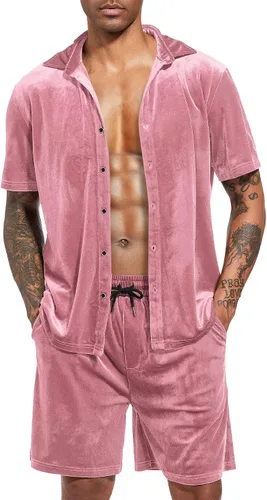 Miniatura 16 de LecGee Conjunto de pantalones cortos casuales de verano para hombre, camisa de terciopelo de manga corta con botones, pantalones cortos de cintura
