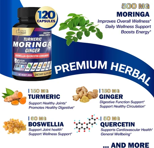 Miniatura 4 de Organic Cadane Suplemento de hoja de moringa, cúrcuma, jengibre, suministro de 2 meses, 120 cápsulas veganas